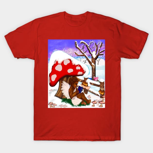 Snow covered mushroom covering Little bookworm angel boy cherub reading a book - tranquil winter scenery T-Shirt by Artonmytee